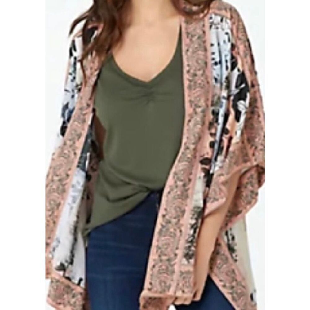 Tolani Collection Multi Pattern Block Print Floral Draping Kimono Women's Small